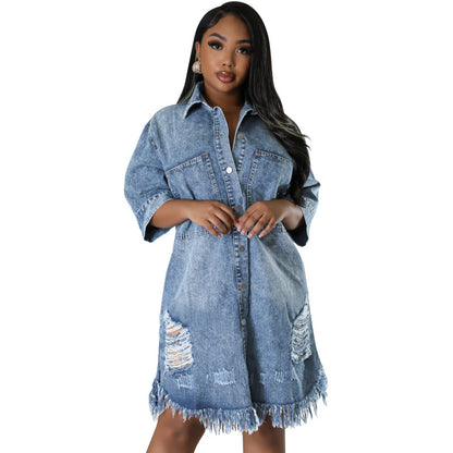 Denim Ripped Fringe Short-Sleeve Lapel Dress