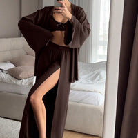 Womens Pajama Set Knitted Underwear With Ruffle Trim Robe And High-Slit Pants