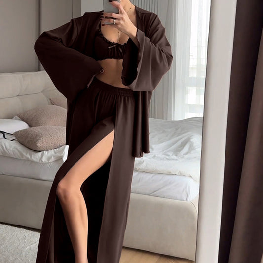 Womens Pajama Set Knitted Underwear With Ruffle Trim Robe And High-Slit Pants