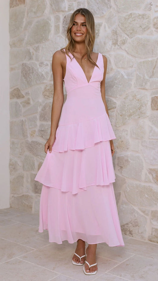 V-neck Solid Color Cake Splicing Long Backless Lace Up Dress