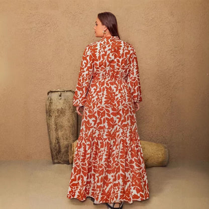 Printed V-neck Long-sleeve Womens Dress