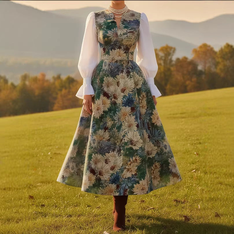Retro Casual V-Neck Printed Long-Sleeve Womens Dress