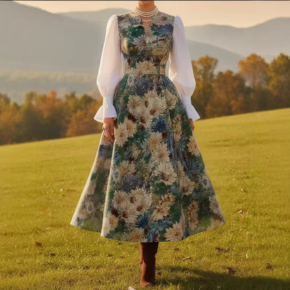 Retro Casual V-Neck Printed Long-Sleeve Womens Dress