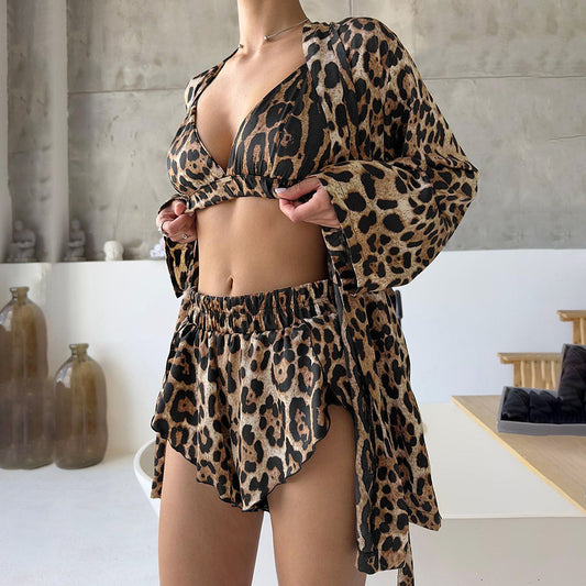 Leopard Print Loose Long-sleeved Underwear Pajamas Three-piece Set