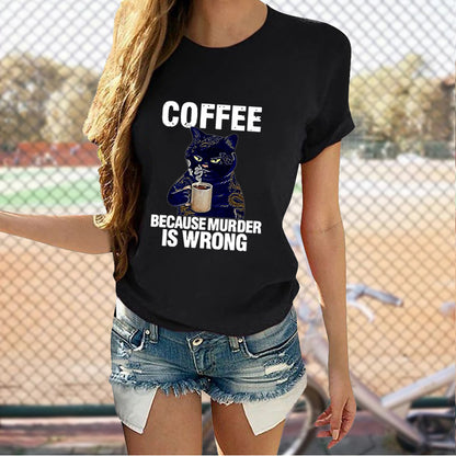 Cat Cute Print T-shirt Round Neck Short Sleeve Top