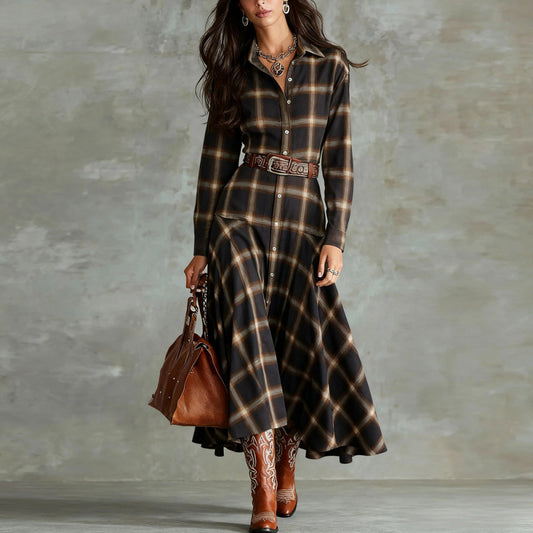 New Retro Chic Long-Sleeve Plaid Shirt Dress For Women