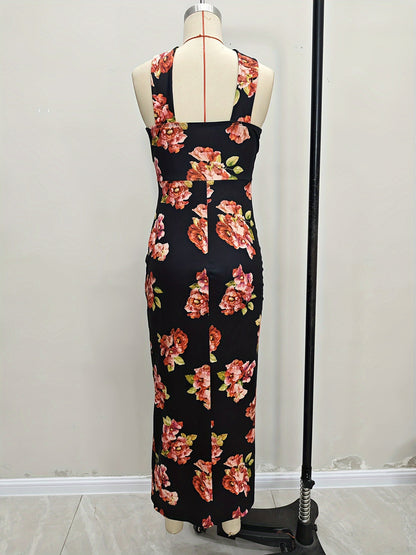 Slanted Shoulder Printed Bag Hip High Slit Dress