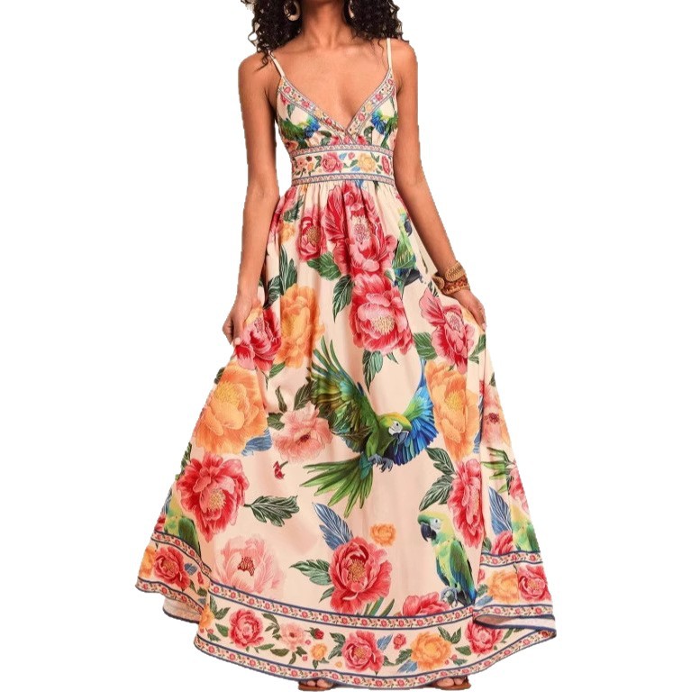 New Strap Print V-Neck Extra-Long Knitted Dress