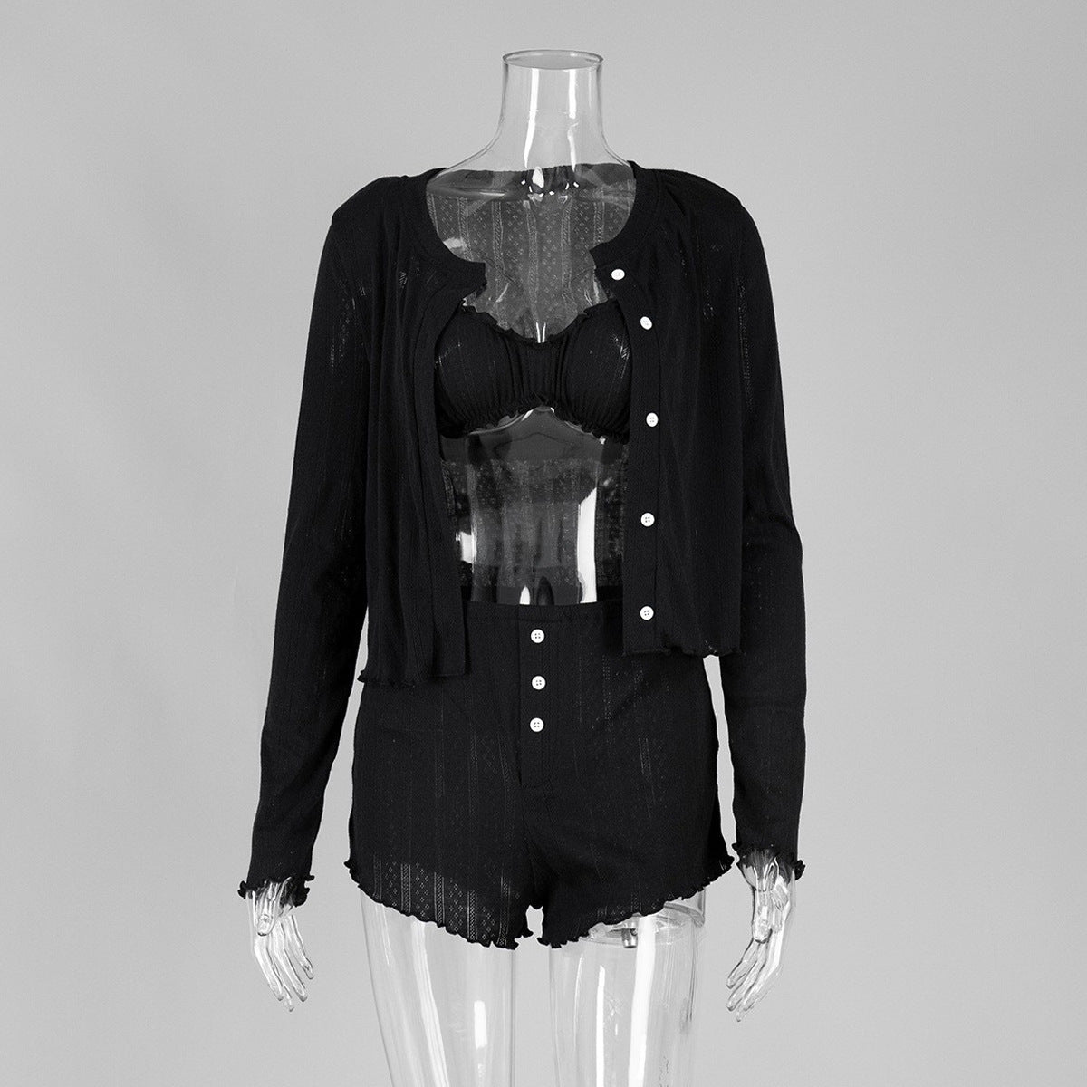 Knitted Skin-friendly Long-sleeved Cardigan Underwear Shorts Three-piece Pajamas