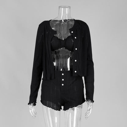 Knitted Skin-friendly Long-sleeved Cardigan Underwear Shorts Three-piece Pajamas