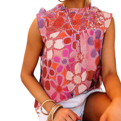 European And American Sleeveless Ruffled Printed Top For Women