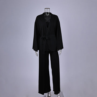 Womens Pajama Set Knitted Underwear With Ruffle Trim Robe And High-Slit Pants