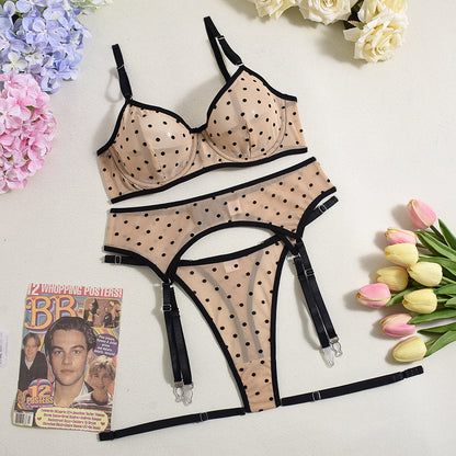 Mesh See-through Flocking Dot Underwear 4-piece Set
