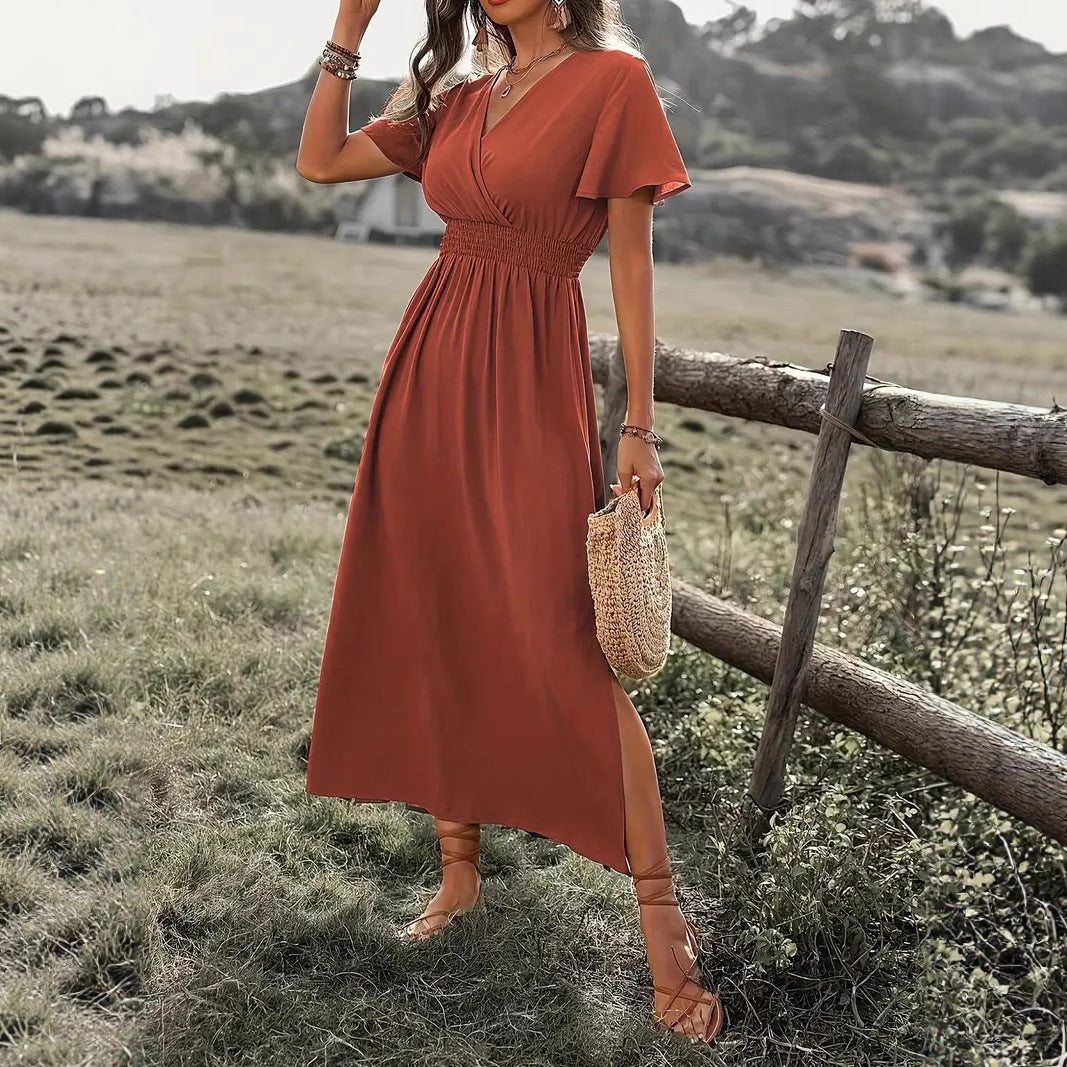 V-neck Long Skirt Casual Resort Short-sleeve Dress