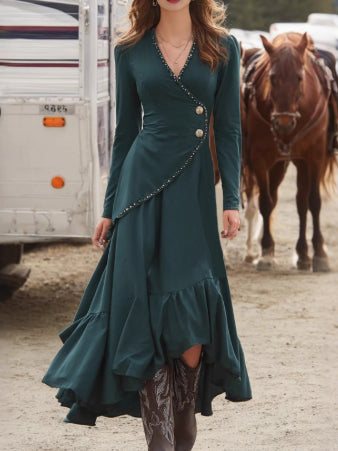 Figure-flattering Long-sleeve Dress With An Asymmetrical Ruffled Hem