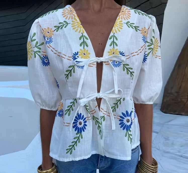 Women's Clothing V-neck Lace-up Printed Short-sleeved Top