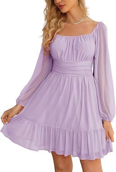 European And American Womens Mesh Long-Sleeve Square-Neck Dress