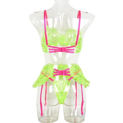 Women's Fashion Embroidered Flower Exquisite Underwear Three-piece Set