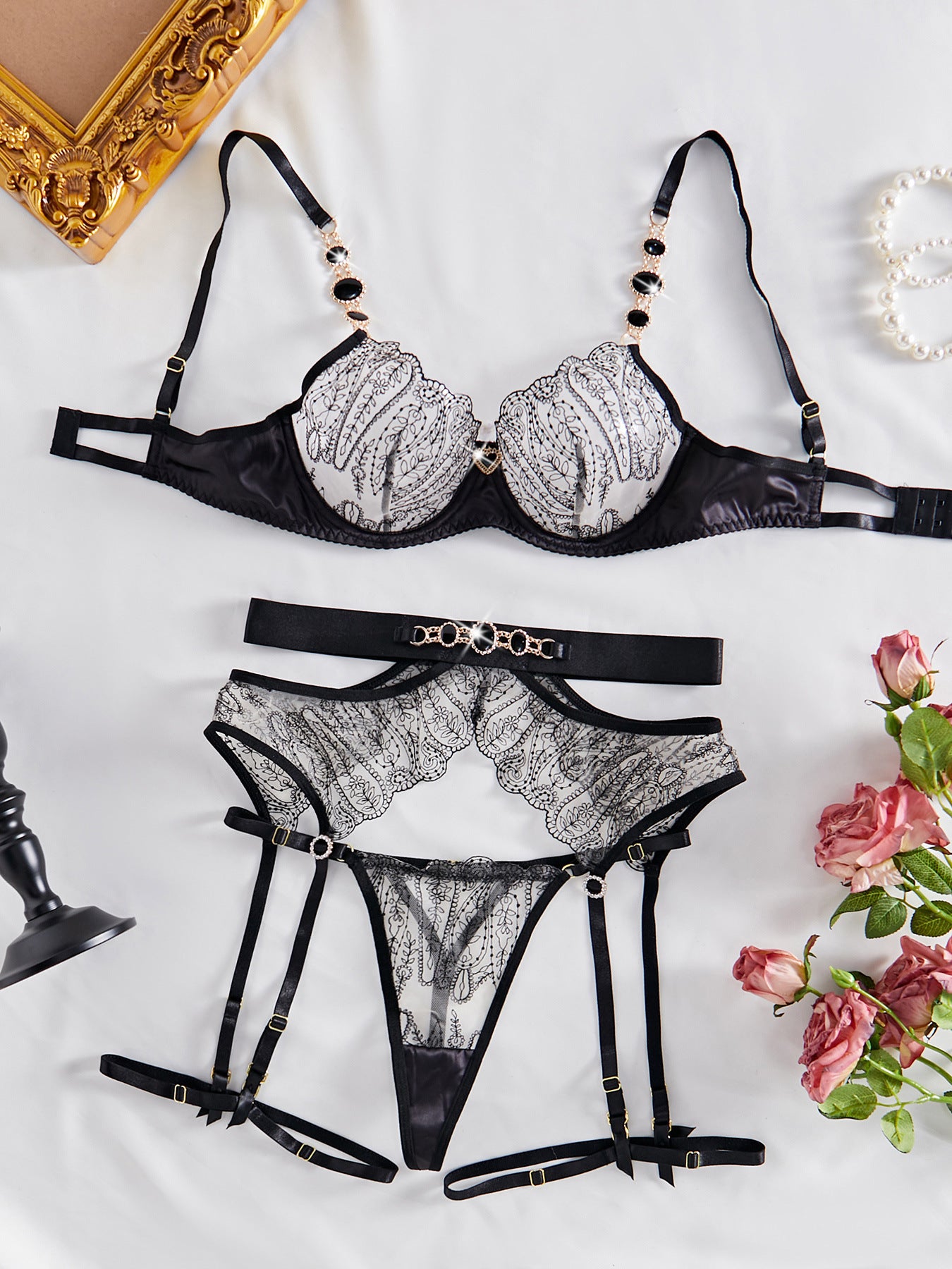 Gem Metal Chain See-through Love Underwear Four-piece Set