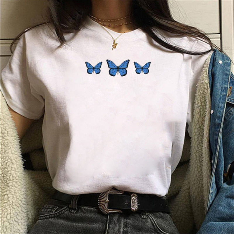 Printed White Ladies Casual Loose Personality Short Sleeves