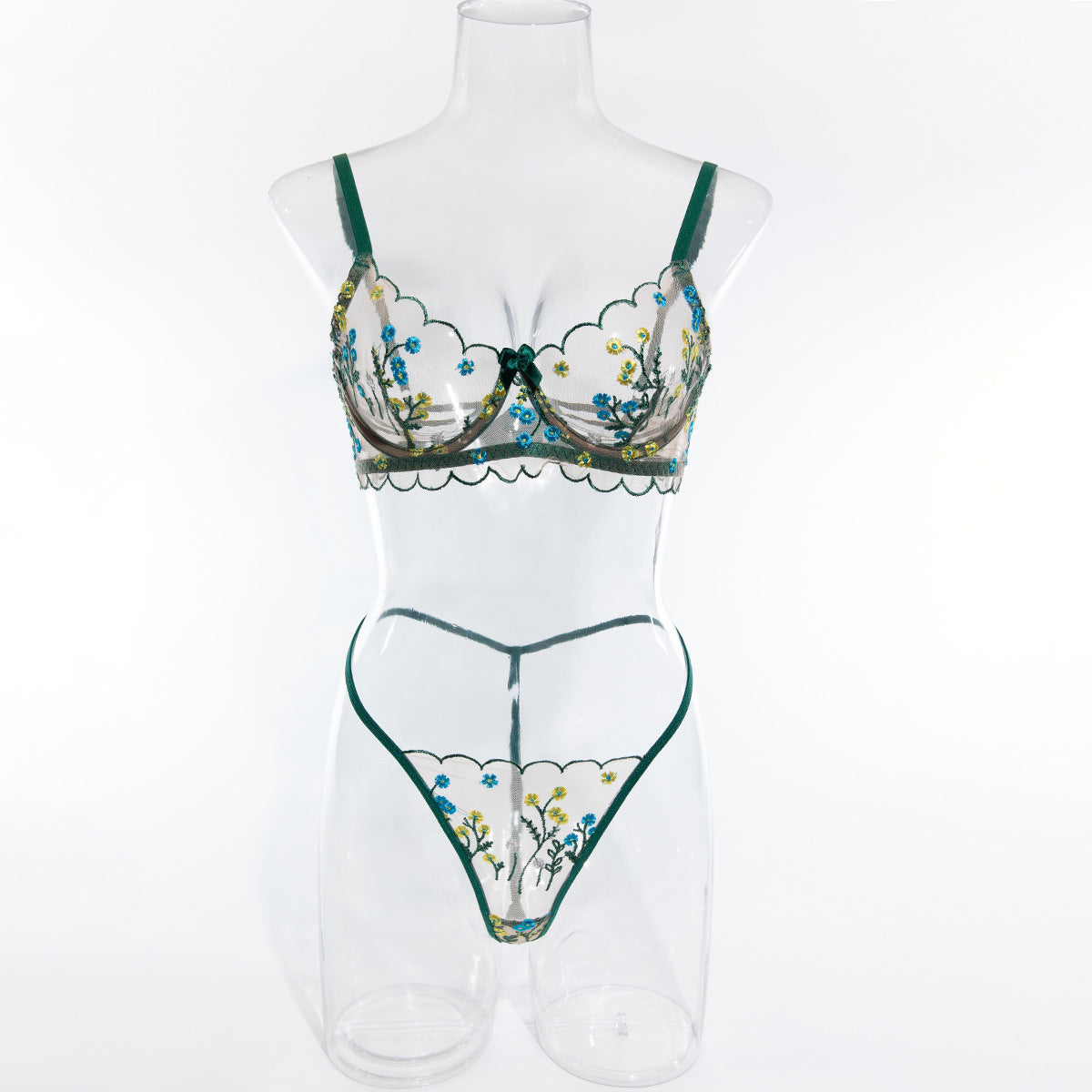 Ultra-thin Single Layer Floral Embroidered Underwear Suit