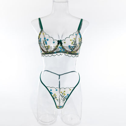 Ultra-thin Single Layer Floral Embroidered Underwear Suit