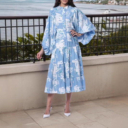 Womens Casual Printed Lantern-Sleeve Dress