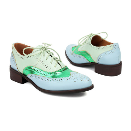 Color Matching Pumps Round Head Shallow Mouth Front Lace-up Women's Chunky Heels
