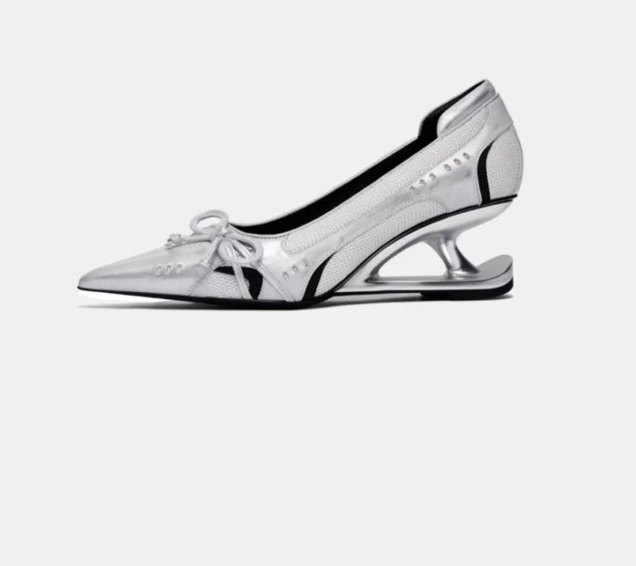Women's Black Pointed Toe Shaped Floating Heel Mary Jane Shoes
