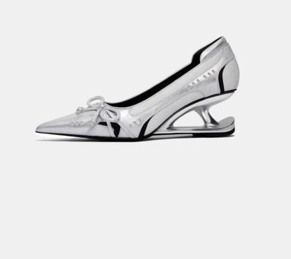 Women's Black Pointed Toe Shaped Floating Heel Mary Jane Shoes