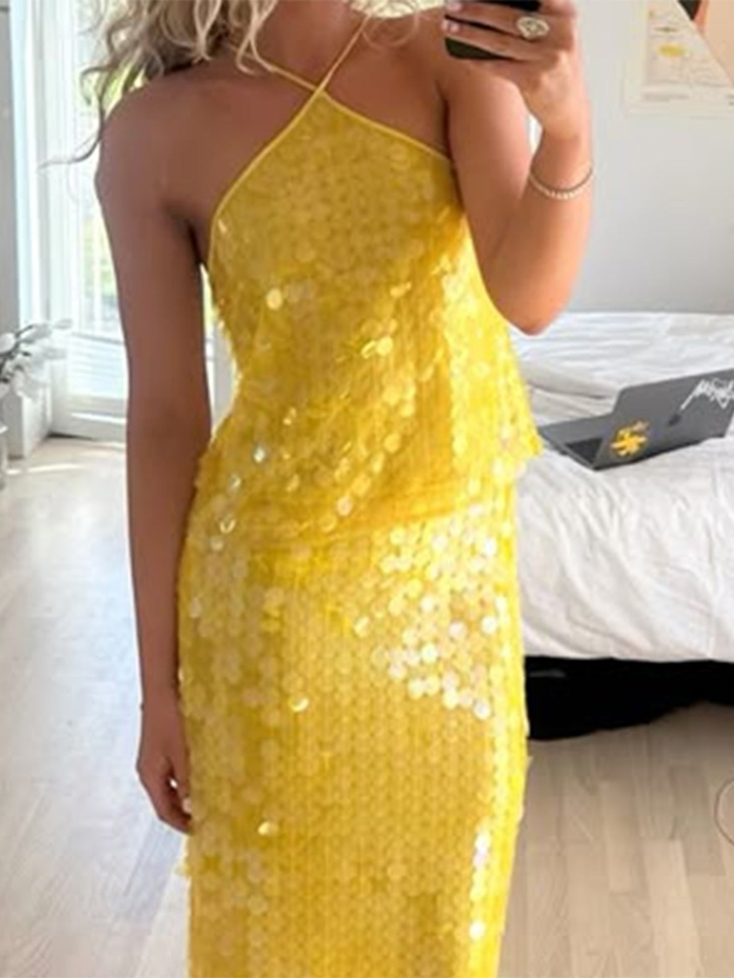 Women's Vibrant Yellow Sequin Halter Neck Camisole Top