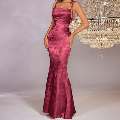 Womens Sexy Backless Jacquard Lace-Up Maxi Dress