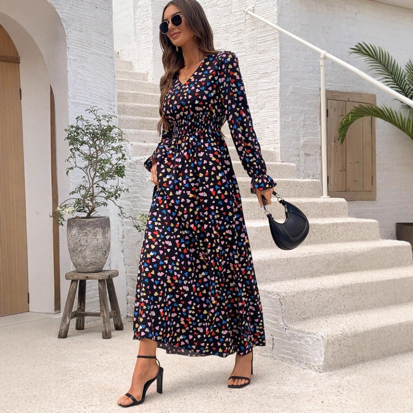 New Floral-print V-neck Long-sleeve Swing Maxi Dress
