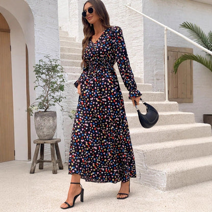 New Floral-print V-neck Long-sleeve Swing Maxi Dress