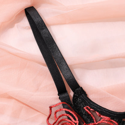 Underwear Rose Embroidery Mesh See-through Garter Three-piece Set