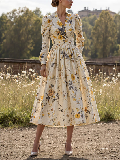 Retro casual V-neck printed long-sleeved women's dress