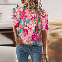 European And American Leisure Floral Print Puff Sleeve Top
