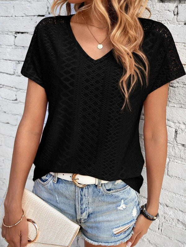Women's Solid Color And V-neck Top Hollow Mesh Short Sleeve