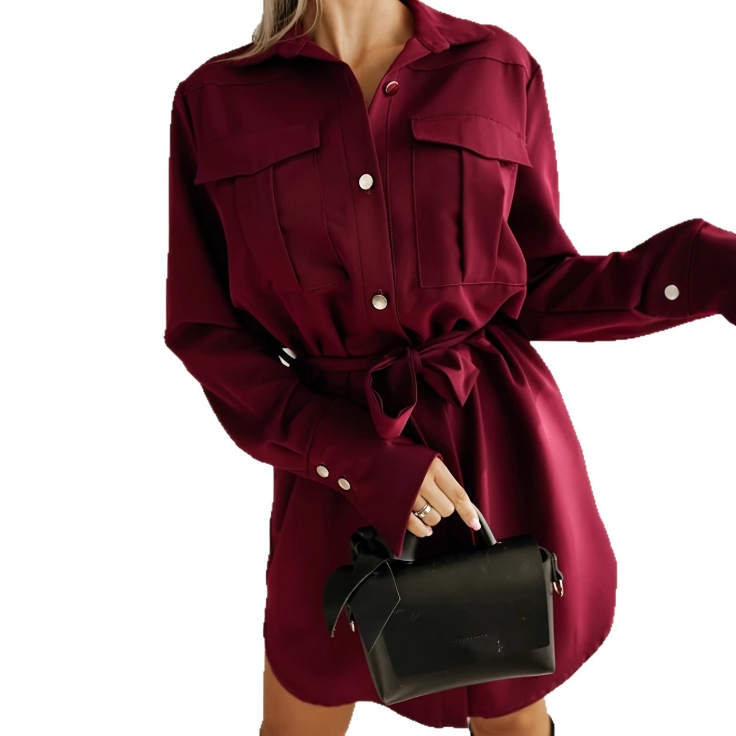 New Stylish And Elegant Solid-color Button-up Shirt Dress With A Turn-down Collar