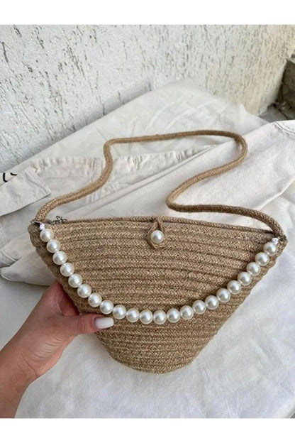 Jute Fabric Pearl Design Classic Shoulder Bag