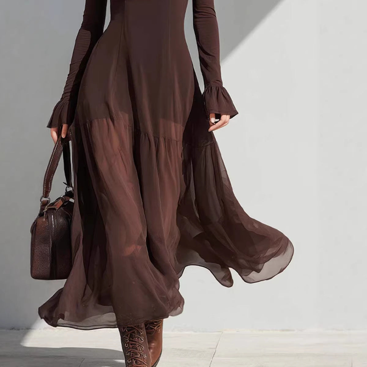 Womens Solid-Color Long-Sleeve U-Neck Dress