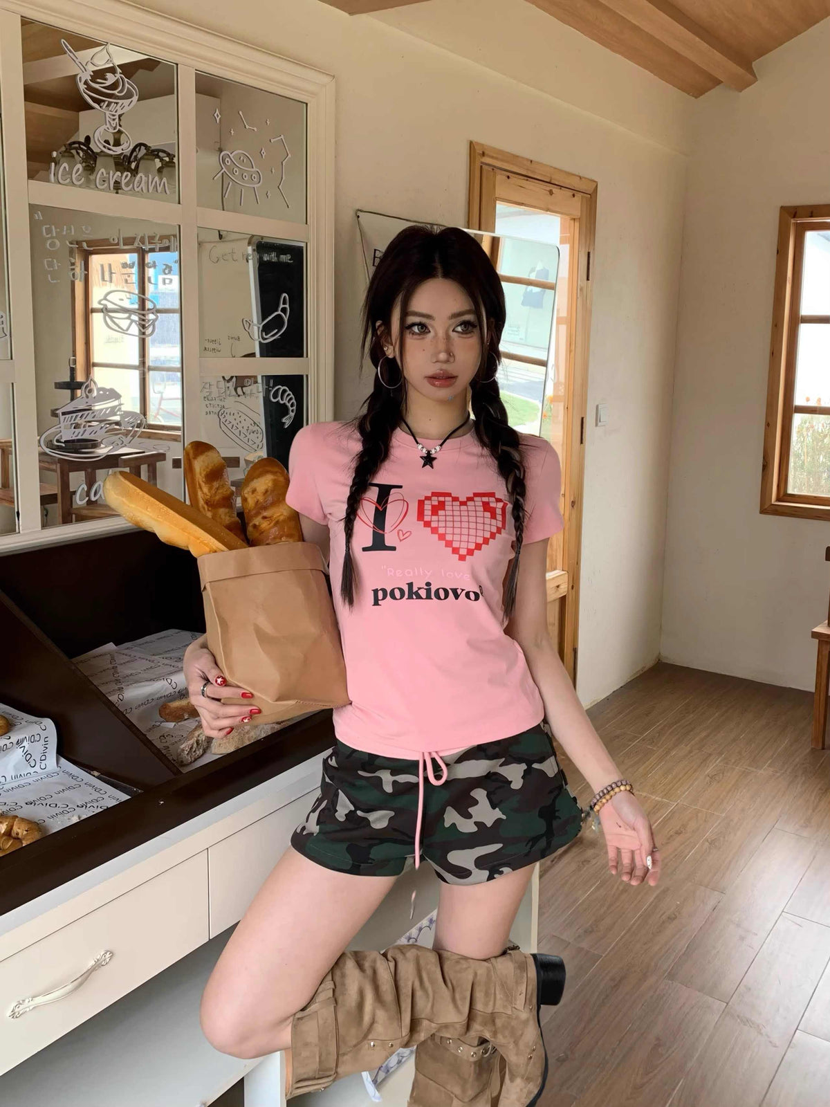 Shoulder T-shirt Female With Hearts Printed Short Sleeve Slim Top