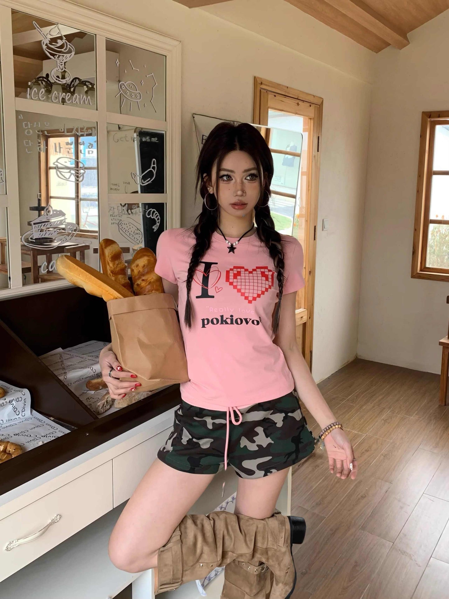 Shoulder T-shirt Female With Hearts Printed Short Sleeve Slim Top