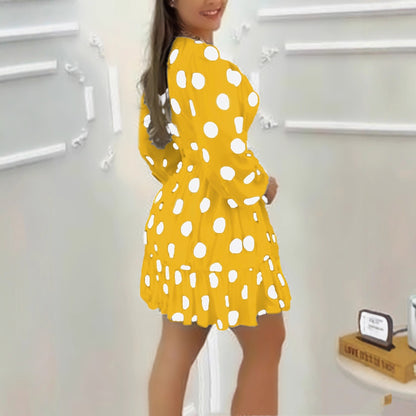 Polka-dot V-neck Puffed-sleeve Dress