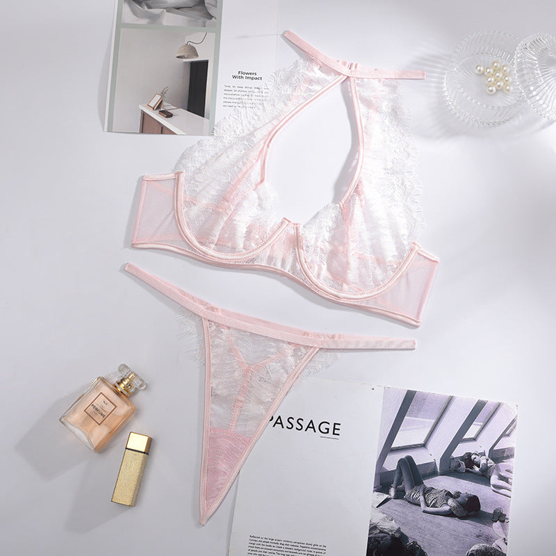 Lace Eyelashes Perspective Stitching Halter Neck Underwear With Steel Ring