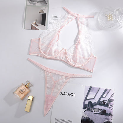 Lace Eyelashes Perspective Stitching Halter Neck Underwear With Steel Ring