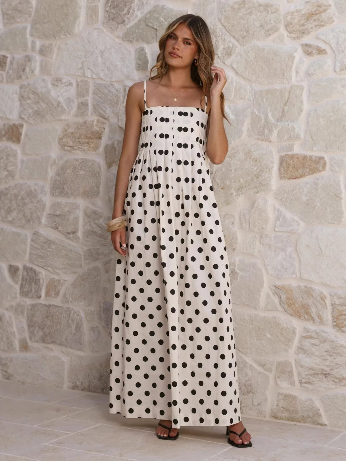 Wave Print Pleated Camisole Mid Length Dress