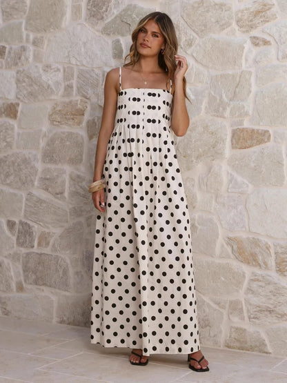 Wave Print Pleated Camisole Mid Length Dress
