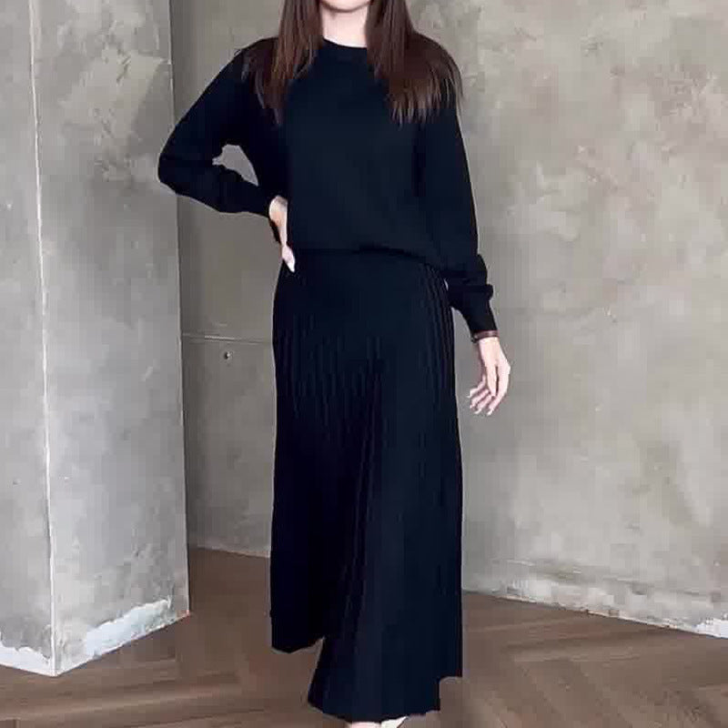 Women's Fashion Round Neck Solid Color Long Sleeved Pleated Skirt Set