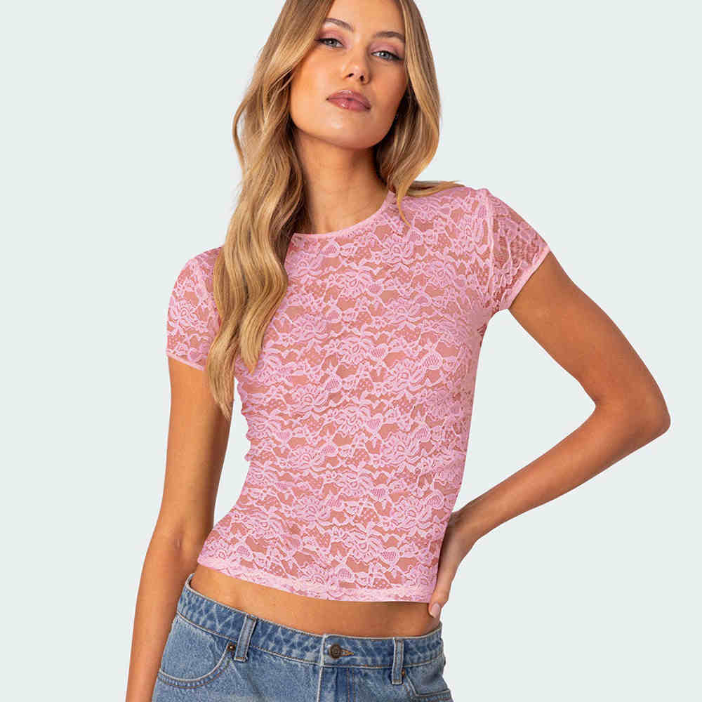Women's Round Neck Lace Short Sleeve Slim Top